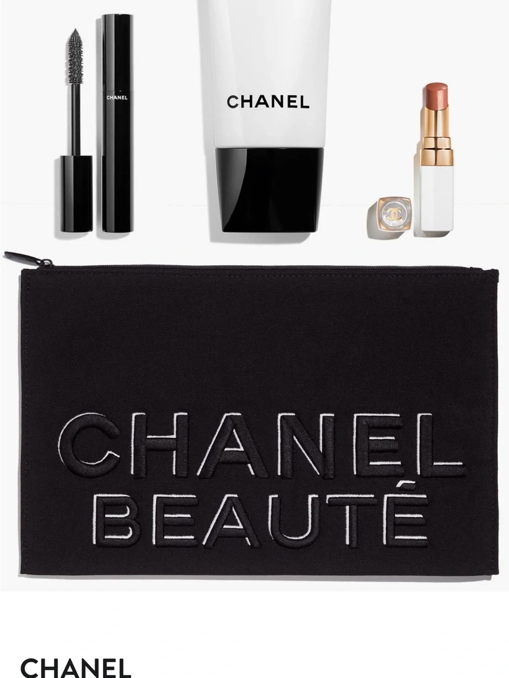 CHANEL Black Makeup Pouch with Raised Logo